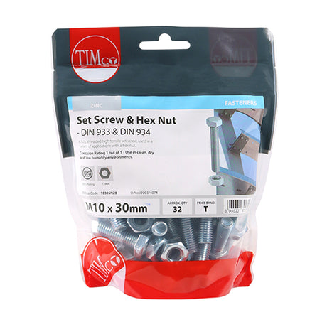 This is an image showing TIMCO Set Screws & Hex Nuts - Grade 8.8 - Zinc - M10 x 30 - 32 Pieces TIMbag available from T.H Wiggans Ironmongery in Kendal, quick delivery at discounted prices.