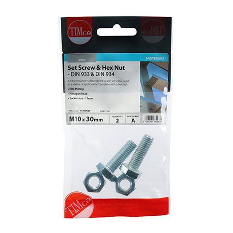 This is an image showing TIMCO Set Screws & Hex Nuts - Grade 8.8 - Zinc - M10 x 30 - 2 Pieces TIMpac available from T.H Wiggans Ironmongery in Kendal, quick delivery at discounted prices.