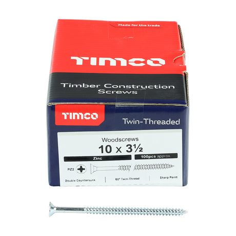 This is an image showing TIMCO Twin-Threaded Woodscrews - PZ - Double Countersunk - Zinc - 10 x 3 1/2 - 100 Pieces Box available from T.H Wiggans Ironmongery in Kendal, quick delivery at discounted prices.