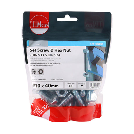 This is an image showing TIMCO Set Screws & Hex Nuts - Grade 8.8 - Zinc - M10 x 40 - 28 Pieces TIMbag available from T.H Wiggans Ironmongery in Kendal, quick delivery at discounted prices.