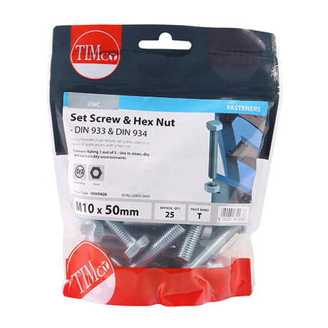 This is an image showing TIMCO Set Screws & Hex Nuts - Grade 8.8 - Zinc - M10 x 50 - 25 Pieces TIMbag available from T.H Wiggans Ironmongery in Kendal, quick delivery at discounted prices.