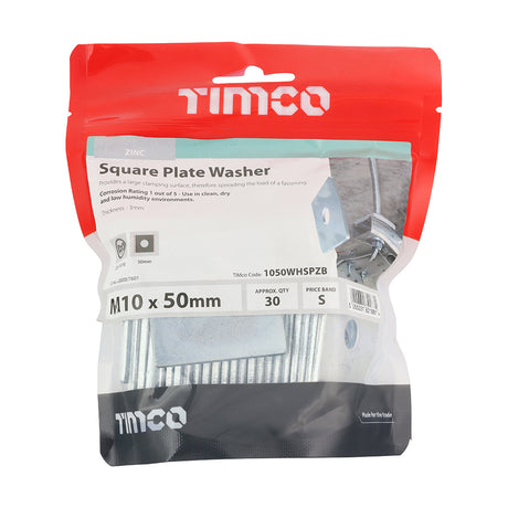 This is an image showing TIMCO Square Plate Washers - Zinc - M10 x 50 x 50 x 3 - 30 Pieces TIMbag available from T.H Wiggans Ironmongery in Kendal, quick delivery at discounted prices.