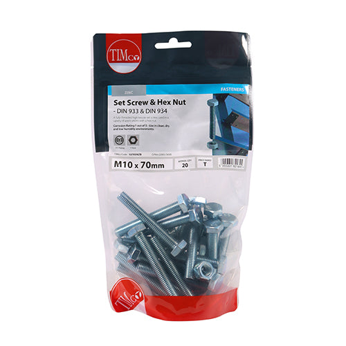 This is an image showing TIMCO Set Screws & Hex Nuts - Grade 8.8 - Zinc - M10 x 70 - 20 Pieces TIMbag available from T.H Wiggans Ironmongery in Kendal, quick delivery at discounted prices.