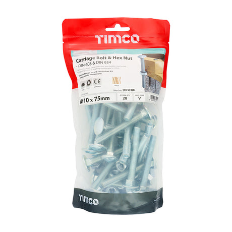 This is an image showing TIMCO Carriage Bolts & Hex Nuts - Zinc - M10 x 75 - 28 Pieces TIMbag available from T.H Wiggans Ironmongery in Kendal, quick delivery at discounted prices.