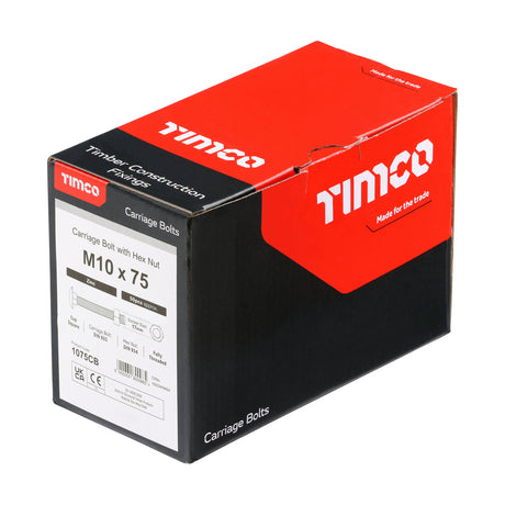 This is an image showing TIMCO Carriage Bolts & Hex Nuts - Zinc - M10 x 75 - 50 Pieces Box available from T.H Wiggans Ironmongery in Kendal, quick delivery at discounted prices.