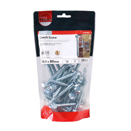 This is an image showing TIMCO Coach Screws - Hex - Zinc - 10.0 x 80 - 30 Pieces TIMbag available from T.H Wiggans Ironmongery in Kendal, quick delivery at discounted prices.