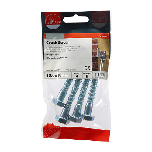 This is an image showing TIMCO Coach Screws - Hex - Zinc - 10.0 x 80 - 4 Pieces TIMpac available from T.H Wiggans Ironmongery in Kendal, quick delivery at discounted prices.