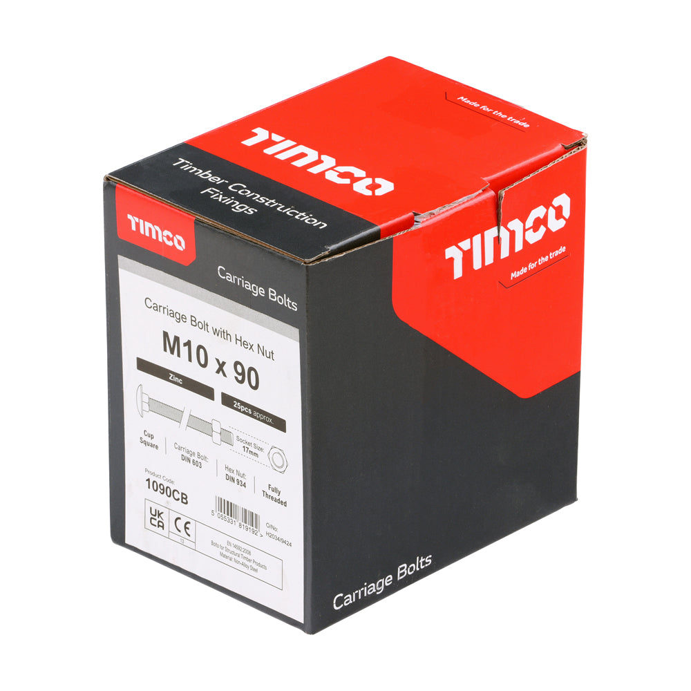 This is an image showing TIMCO Carriage Bolts & Hex Nuts - Zinc - M10 x 90 - 25 Pieces Box available from T.H Wiggans Ironmongery in Kendal, quick delivery at discounted prices.