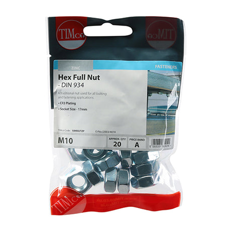 This is an image showing TIMCO Hex Full Nuts - Zinc - M10 - 20 Pieces TIMpac available from T.H Wiggans Ironmongery in Kendal, quick delivery at discounted prices.