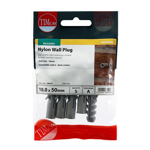 This is an image showing TIMCO Nylon Plugs - 10.0 x 50 - 5 Pieces TIMpac available from T.H Wiggans Ironmongery in Kendal, quick delivery at discounted prices.