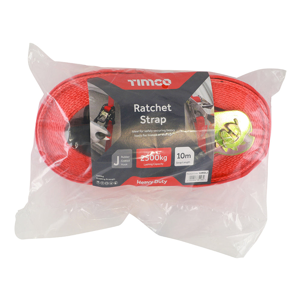 This is an image showing TIMCO Ratchet Strap - J Hook - Heavy Duty - 10m x 50mm - 1 Each Bag available from T.H Wiggans Ironmongery in Kendal, quick delivery at discounted prices.