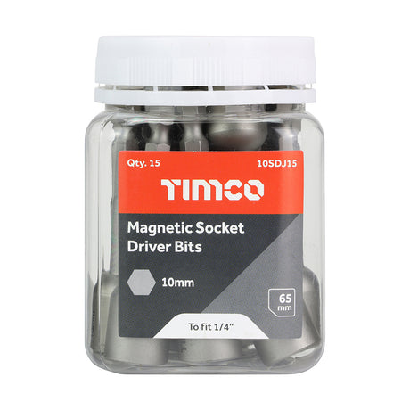 This is an image showing TIMCO Magnetic Socket Driver Bits - Hex - 10 x 65 - 15 Pieces Small Jar available from T.H Wiggans Ironmongery in Kendal, quick delivery at discounted prices.