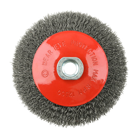 This is an image showing TIMCO Angle Grinder Bevel Brush - Crimped Steel Wire - 115mm - 1 Each Blister Pack available from T.H Wiggans Ironmongery in Kendal, quick delivery at discounted prices.