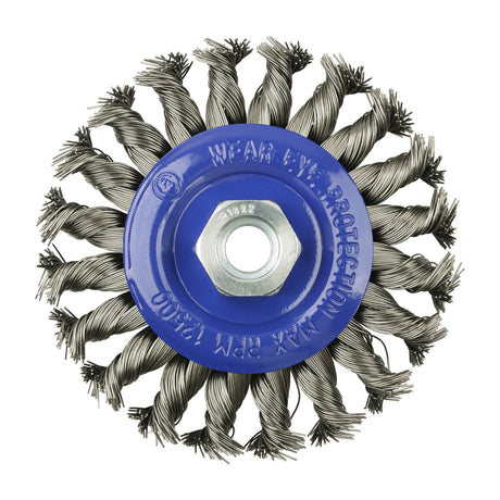 This is an image showing TIMCO Angle Grinder Wheel Brush - Twisted Knot Stainless Steel - 115mm - 1 Each Blister Pack available from T.H Wiggans Ironmongery in Kendal, quick delivery at discounted prices.