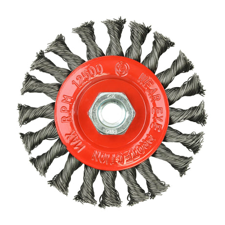 This is an image showing TIMCO Angle Grinder Wheel Brush - Twisted Knot Steel Wire - 115mm - 1 Each Blister Pack available from T.H Wiggans Ironmongery in Kendal, quick delivery at discounted prices.