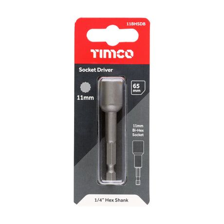 This is an image showing TIMCO Magnetic Socket Driver Bit - Bi-Hex - 11 x 65 - 1 Each Blister Pack available from T.H Wiggans Ironmongery in Kendal, quick delivery at discounted prices.