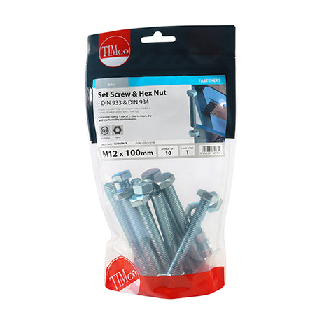 This is an image showing TIMCO Set Screws & Hex Nuts - Grade 8.8 - Zinc - M12 x 100 - 10 Pieces TIMbag available from T.H Wiggans Ironmongery in Kendal, quick delivery at discounted prices.