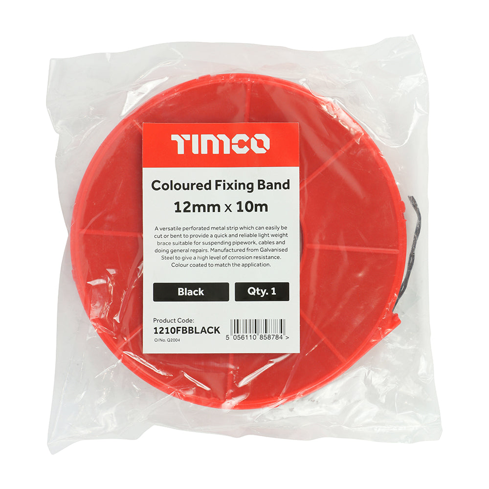 This is an image showing TIMCO Coloured Fixing Band - Black - 12mm x 10m - 1 Each Bag available from T.H Wiggans Ironmongery in Kendal, quick delivery at discounted prices.