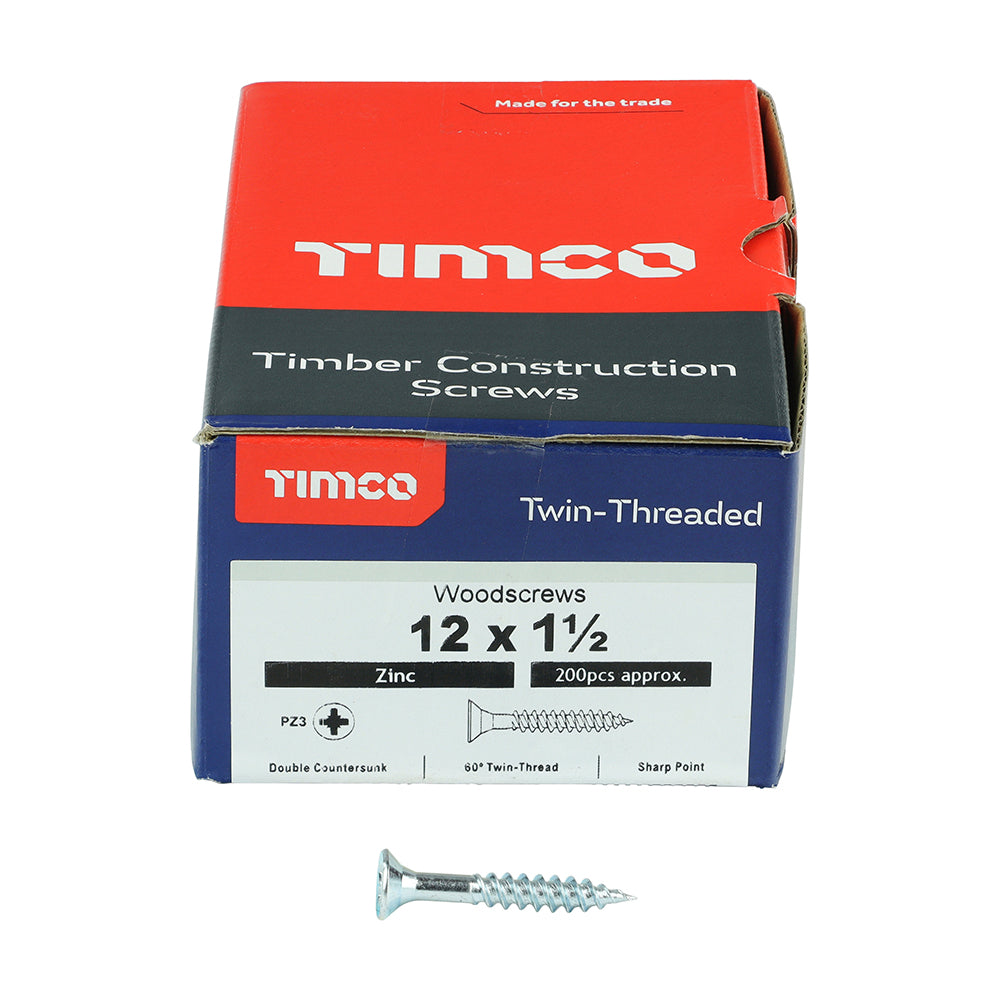 This is an image showing TIMCO Twin-Threaded Woodscrews - PZ - Double Countersunk - Zinc - 12 x 1 1/2 - 200 Pieces Box available from T.H Wiggans Ironmongery in Kendal, quick delivery at discounted prices.