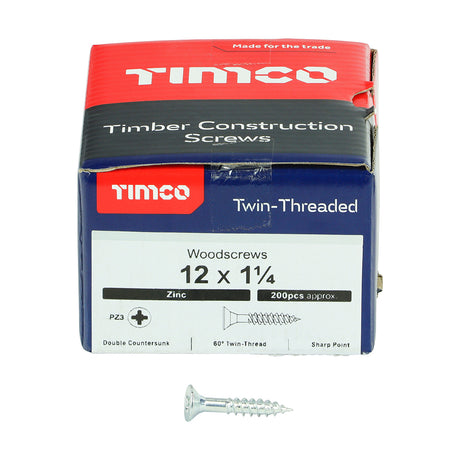 This is an image showing TIMCO Twin-Threaded Woodscrews - PZ - Double Countersunk - Zinc - 12 x 1 1/4 - 200 Pieces Box available from T.H Wiggans Ironmongery in Kendal, quick delivery at discounted prices.