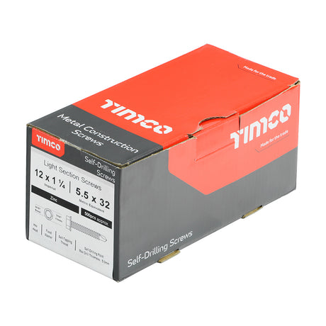 This is an image showing TIMCO Metal Construction Light Section Screws - Hex - Self-Drilling - Zinc - 12 x 1 1/4 - 500 Pieces Box available from T.H Wiggans Ironmongery in Kendal, quick delivery at discounted prices.
