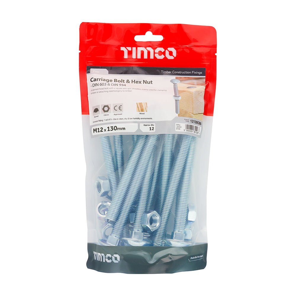 This is an image showing TIMCO Carriage Bolts & Hex Nuts - Zinc - M12 x 130 - 12 Pieces TIMbag available from T.H Wiggans Ironmongery in Kendal, quick delivery at discounted prices.