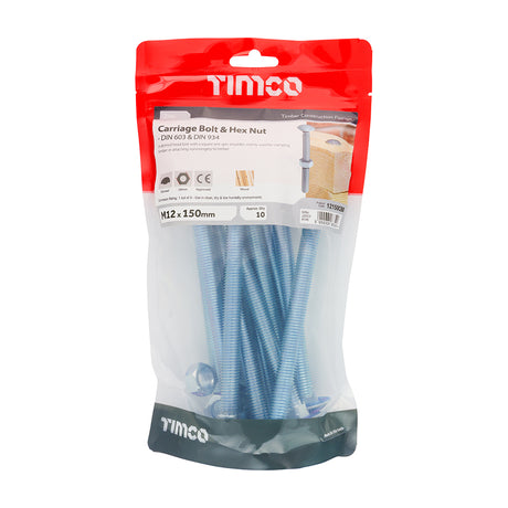 This is an image showing TIMCO Carriage Bolts & Hex Nuts - Zinc - M12 x 150 - 10 Pieces TIMbag available from T.H Wiggans Ironmongery in Kendal, quick delivery at discounted prices.