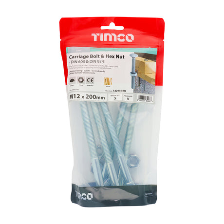 This is an image showing TIMCO Carriage Bolts & Hex Nuts - Zinc - M12 x 200 - 5 Pieces TIMbag available from T.H Wiggans Ironmongery in Kendal, quick delivery at discounted prices.