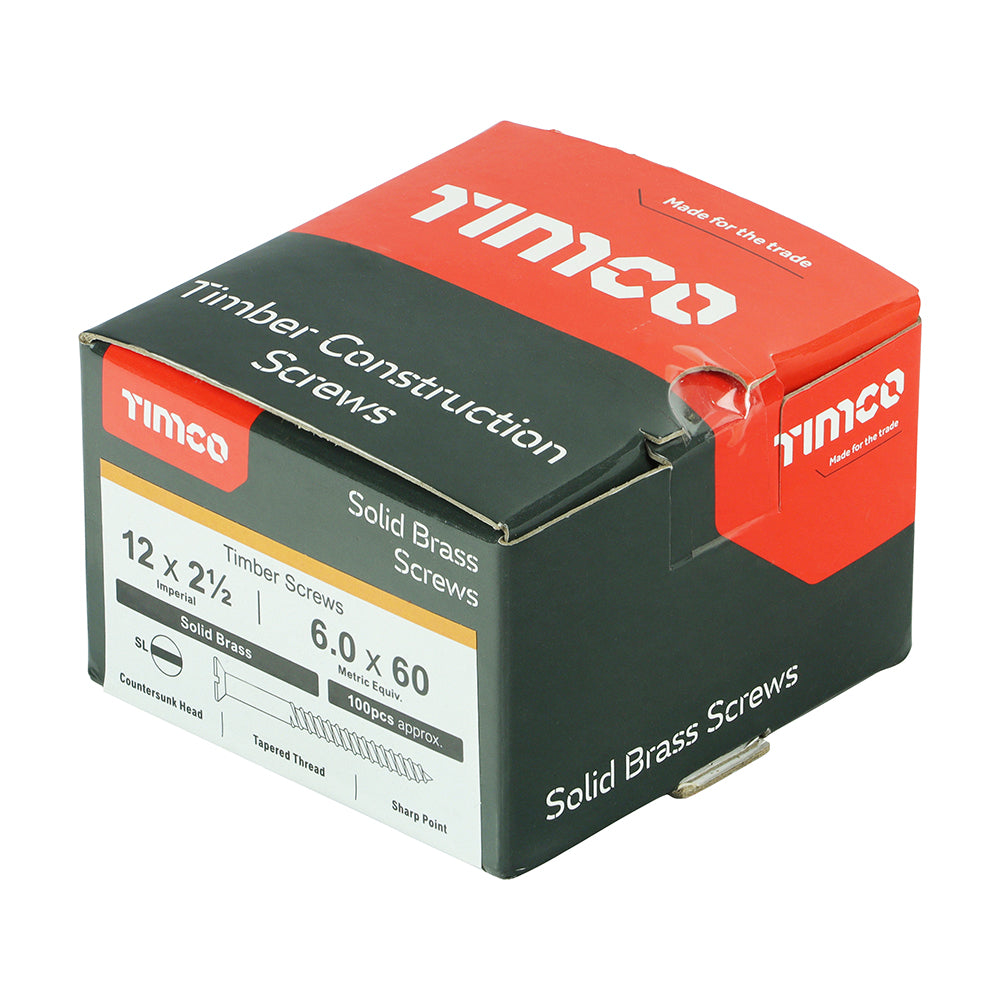 This is an image showing TIMCO Solid Brass Timber Screws - SLOT - Countersunk - 12 x 2 1/2 - 100 Pieces Box available from T.H Wiggans Ironmongery in Kendal, quick delivery at discounted prices.