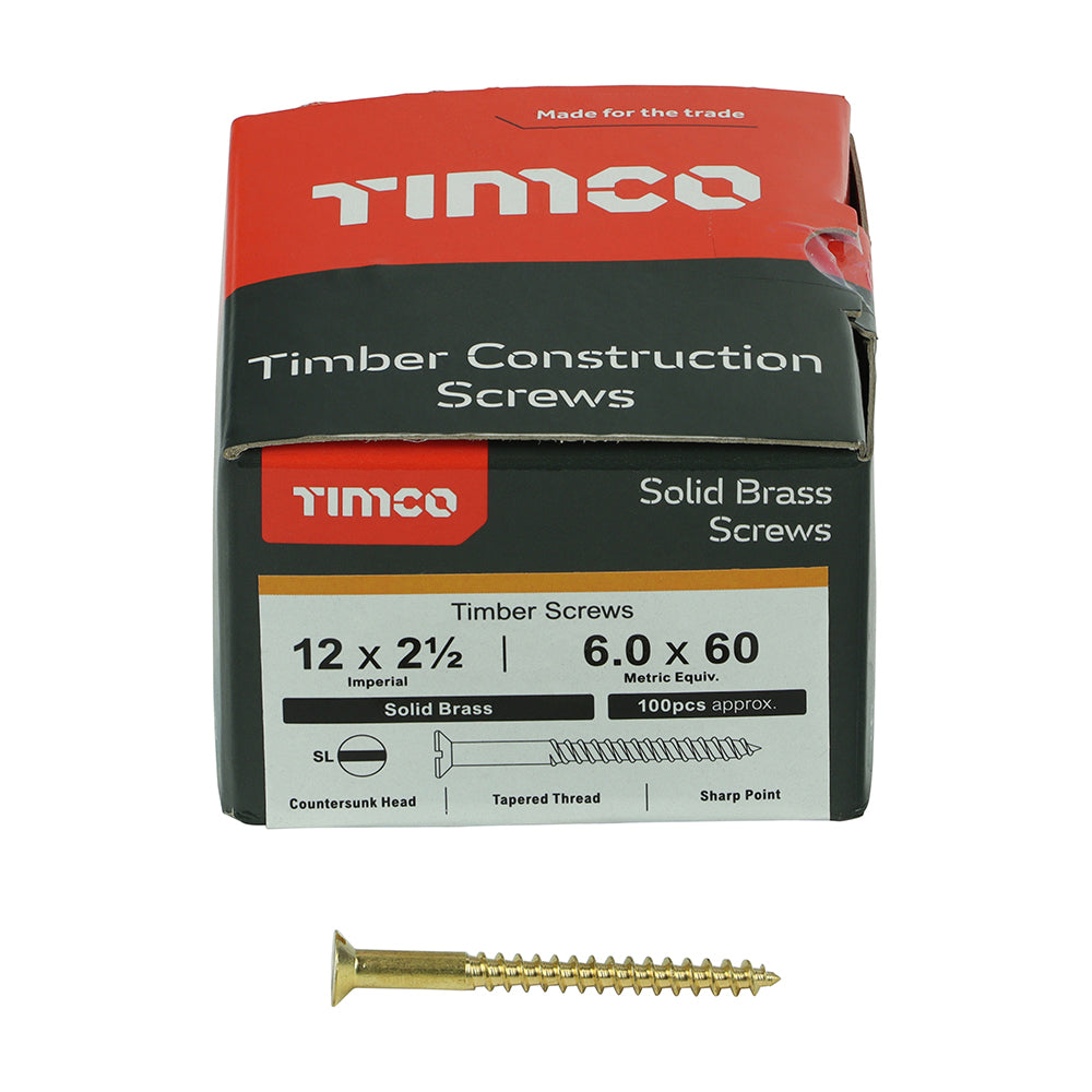 This is an image showing TIMCO Solid Brass Timber Screws - SLOT - Countersunk - 12 x 2 1/2 - 100 Pieces Box available from T.H Wiggans Ironmongery in Kendal, quick delivery at discounted prices.