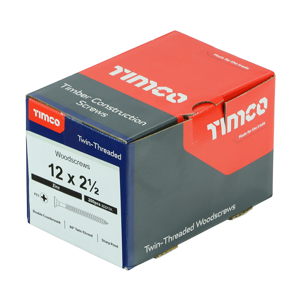 This is an image showing TIMCO Twin-Threaded Woodscrews - PZ - Double Countersunk - Zinc - 12 x 2 1/2 - 200 Pieces Box available from T.H Wiggans Ironmongery in Kendal, quick delivery at discounted prices.