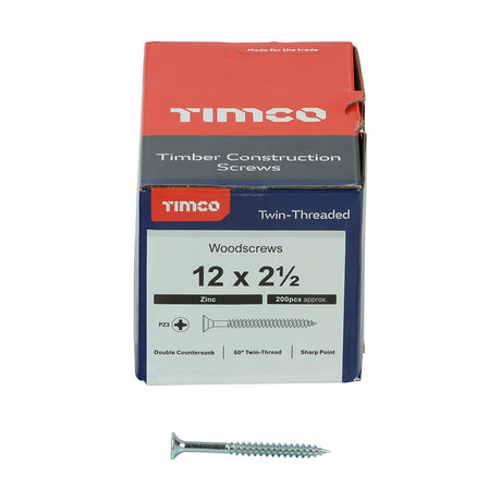 This is an image showing TIMCO Twin-Threaded Woodscrews - PZ - Double Countersunk - Zinc - 12 x 2 1/2 - 200 Pieces Box available from T.H Wiggans Ironmongery in Kendal, quick delivery at discounted prices.