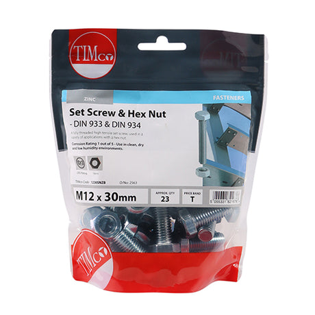 This is an image showing TIMCO Set Screws & Hex Nuts - Grade 8.8 - Zinc - M12 x 30 - 23 Pieces TIMbag available from T.H Wiggans Ironmongery in Kendal, quick delivery at discounted prices.