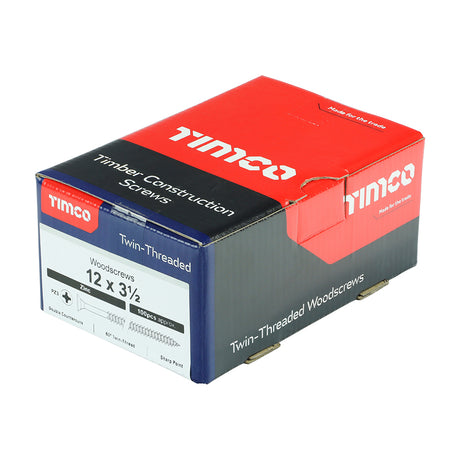 This is an image showing TIMCO Twin-Threaded Woodscrews - PZ - Double Countersunk - Zinc - 12 x 3 1/2 - 100 Pieces Box available from T.H Wiggans Ironmongery in Kendal, quick delivery at discounted prices.