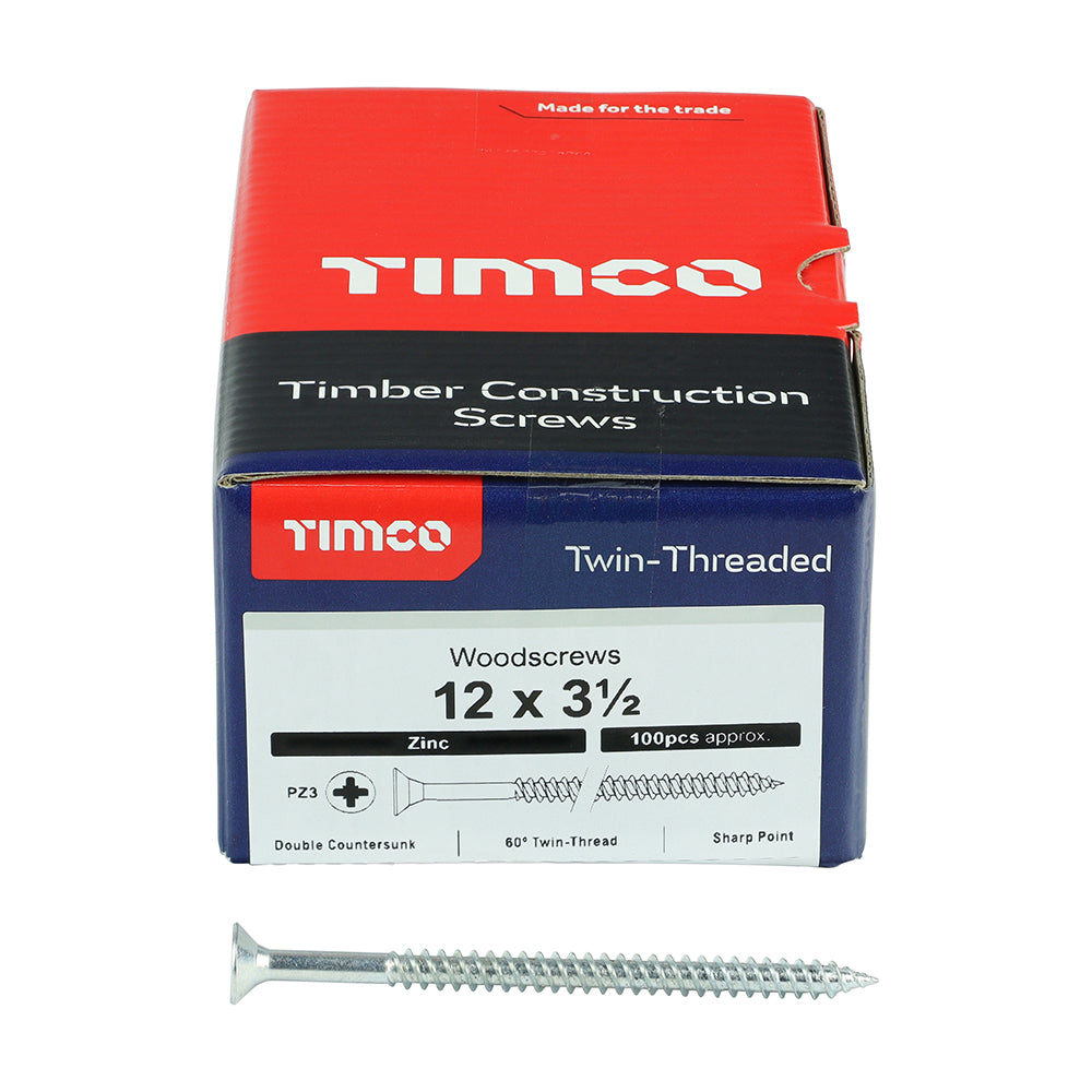 This is an image showing TIMCO Twin-Threaded Woodscrews - PZ - Double Countersunk - Zinc - 12 x 3 1/2 - 100 Pieces Box available from T.H Wiggans Ironmongery in Kendal, quick delivery at discounted prices.