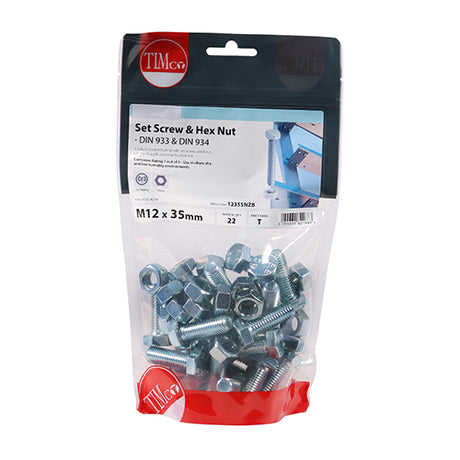 This is an image showing TIMCO Set Screws & Hex Nuts - Grade 8.8 - Zinc - M12 x 35 - 22 Pieces TIMbag available from T.H Wiggans Ironmongery in Kendal, quick delivery at discounted prices.