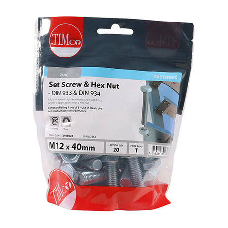 This is an image showing TIMCO Set Screws & Hex Nuts - Grade 8.8 - Zinc - M12 x 40 - 20 Pieces TIMbag available from T.H Wiggans Ironmongery in Kendal, quick delivery at discounted prices.