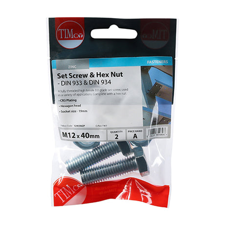 This is an image showing TIMCO Set Screws & Hex Nuts - Grade 8.8 - Zinc - M12 x 40 - 2 Pieces TIMpac available from T.H Wiggans Ironmongery in Kendal, quick delivery at discounted prices.