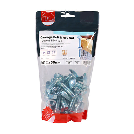 This is an image showing TIMCO Carriage Bolts & Hex Nuts - Zinc - M12 x 50 - 18 Pieces TIMbag available from T.H Wiggans Ironmongery in Kendal, quick delivery at discounted prices.