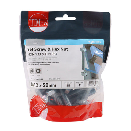 This is an image showing TIMCO Set Screws & Hex Nuts - Grade 8.8 - Zinc - M12 x 50 - 18 Pieces TIMbag available from T.H Wiggans Ironmongery in Kendal, quick delivery at discounted prices.