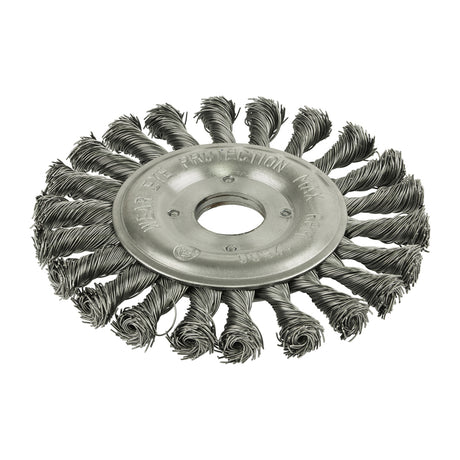 This is an image showing TIMCO Wheel Brush - Twisted Knot Steel Wire - 125mm - 1 Each Blister Pack available from T.H Wiggans Ironmongery in Kendal, quick delivery at discounted prices.