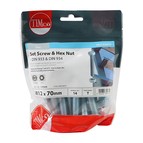 This is an image showing TIMCO Set Screws & Hex Nuts - Grade 8.8 - Zinc - M12 x 70 - 14 Pieces TIMbag available from T.H Wiggans Ironmongery in Kendal, quick delivery at discounted prices.