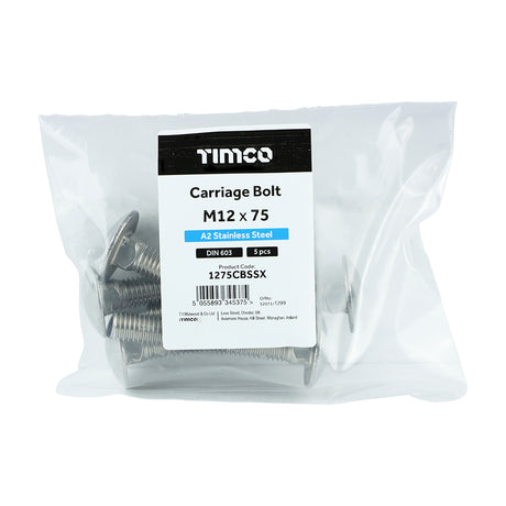 This is an image showing TIMCO Carriage Bolts - A2 Stainless Steel - M12 x 75 - 5 Pieces Bag available from T.H Wiggans Ironmongery in Kendal, quick delivery at discounted prices.