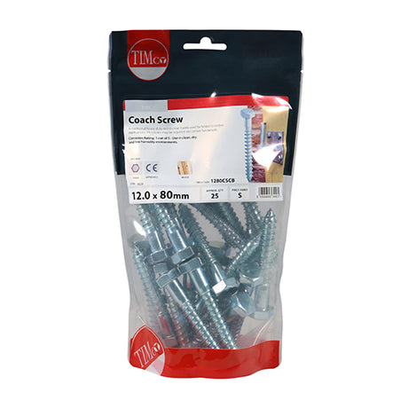 This is an image showing TIMCO Coach Screws - Hex - Zinc - 12.0 x 80 - 25 Pieces TIMbag available from T.H Wiggans Ironmongery in Kendal, quick delivery at discounted prices.