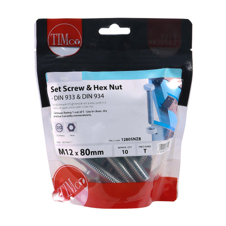 This is an image showing TIMCO Set Screws & Hex Nuts - Grade 8.8 - Zinc - M12 x 80 - 10 Pieces TIMbag available from T.H Wiggans Ironmongery in Kendal, quick delivery at discounted prices.