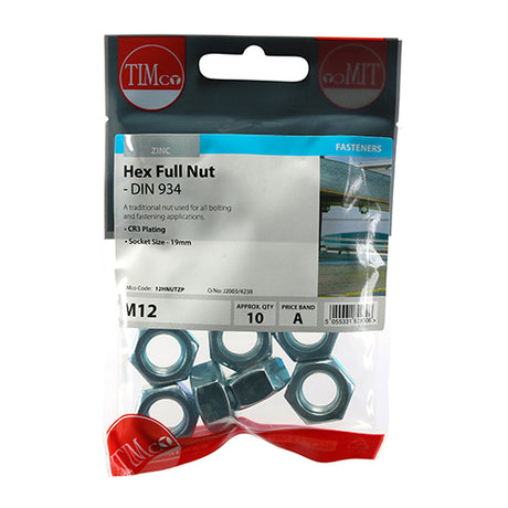 This is an image showing TIMCO Hex Full Nuts - Zinc - M12 - 10 Pieces TIMpac available from T.H Wiggans Ironmongery in Kendal, quick delivery at discounted prices.