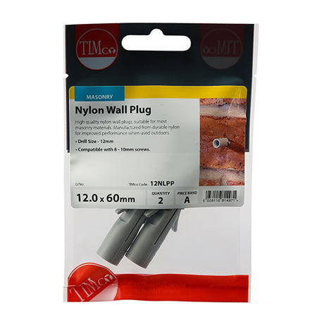 This is an image showing TIMCO Nylon Plugs - 12.0 x 60 - 2 Pieces TIMpac available from T.H Wiggans Ironmongery in Kendal, quick delivery at discounted prices.