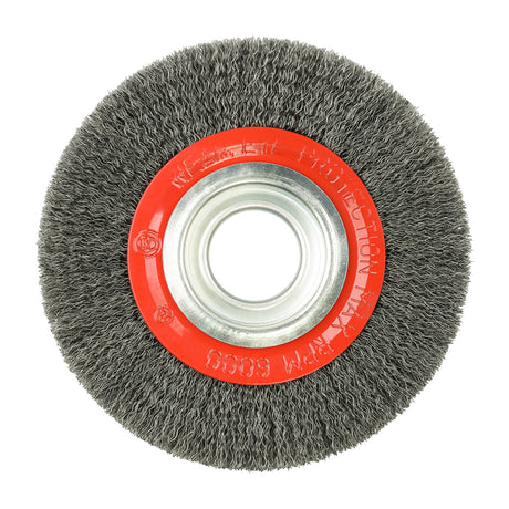 This is an image showing TIMCO Wheel Brush with Plastic Reducer Set - Crimped Steel Wire - 150mm - 1 Each Blister Pack available from T.H Wiggans Ironmongery in Kendal, quick delivery at discounted prices.