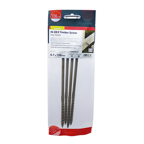 This is an image showing TIMCO Timber Screws - Hex Head - Exterior - Green - 6.7 x 150 - 4 Pieces TIMpac available from T.H Wiggans Ironmongery in Kendal, quick delivery at discounted prices.