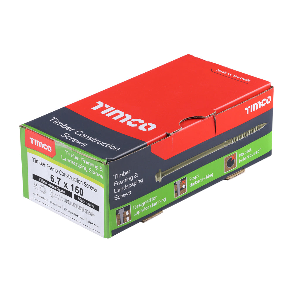 This is an image showing TIMCO Timber Frame Construction & Landscaping Screws - Hex - Exterior - Green Organic - 6.7 x 150 - 50 Pieces Box available from T.H Wiggans Ironmongery in Kendal, quick delivery at discounted prices.